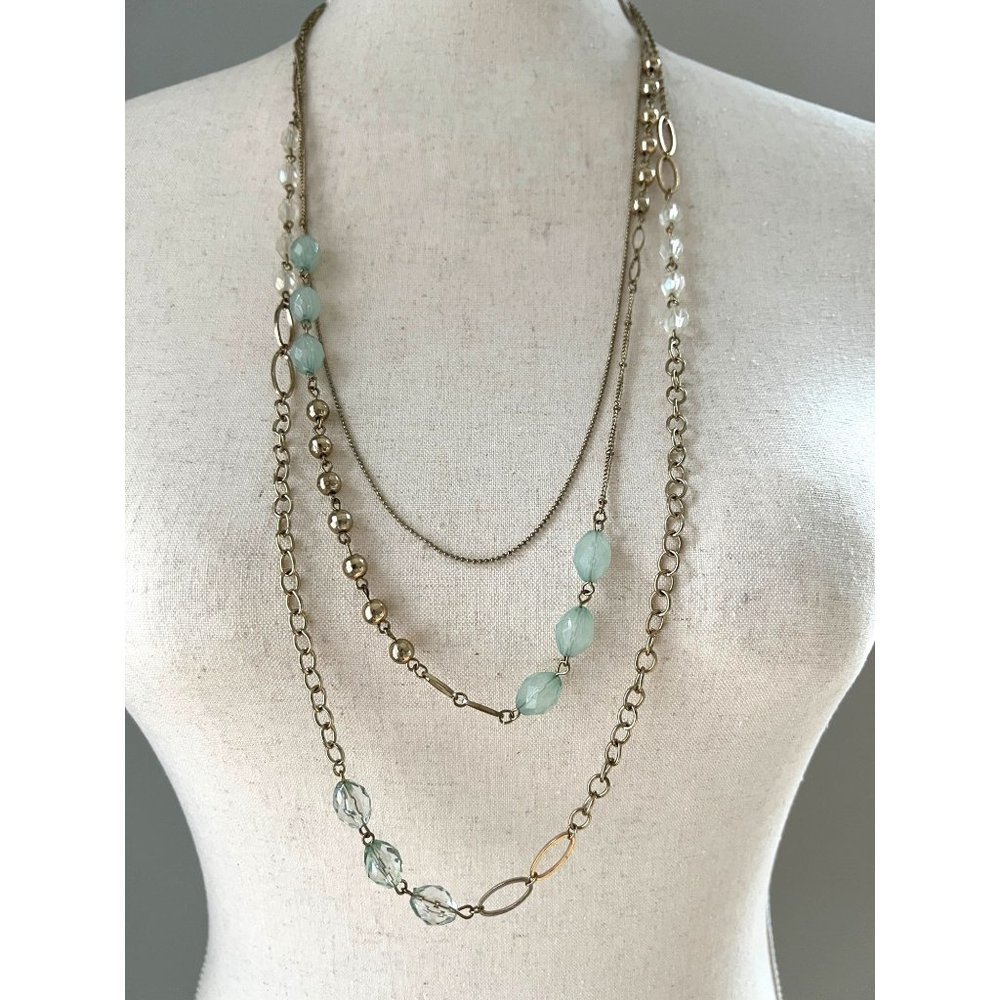 */$25 Three Strand Gold Tone Beaded Chain Necklace 32" + 3"